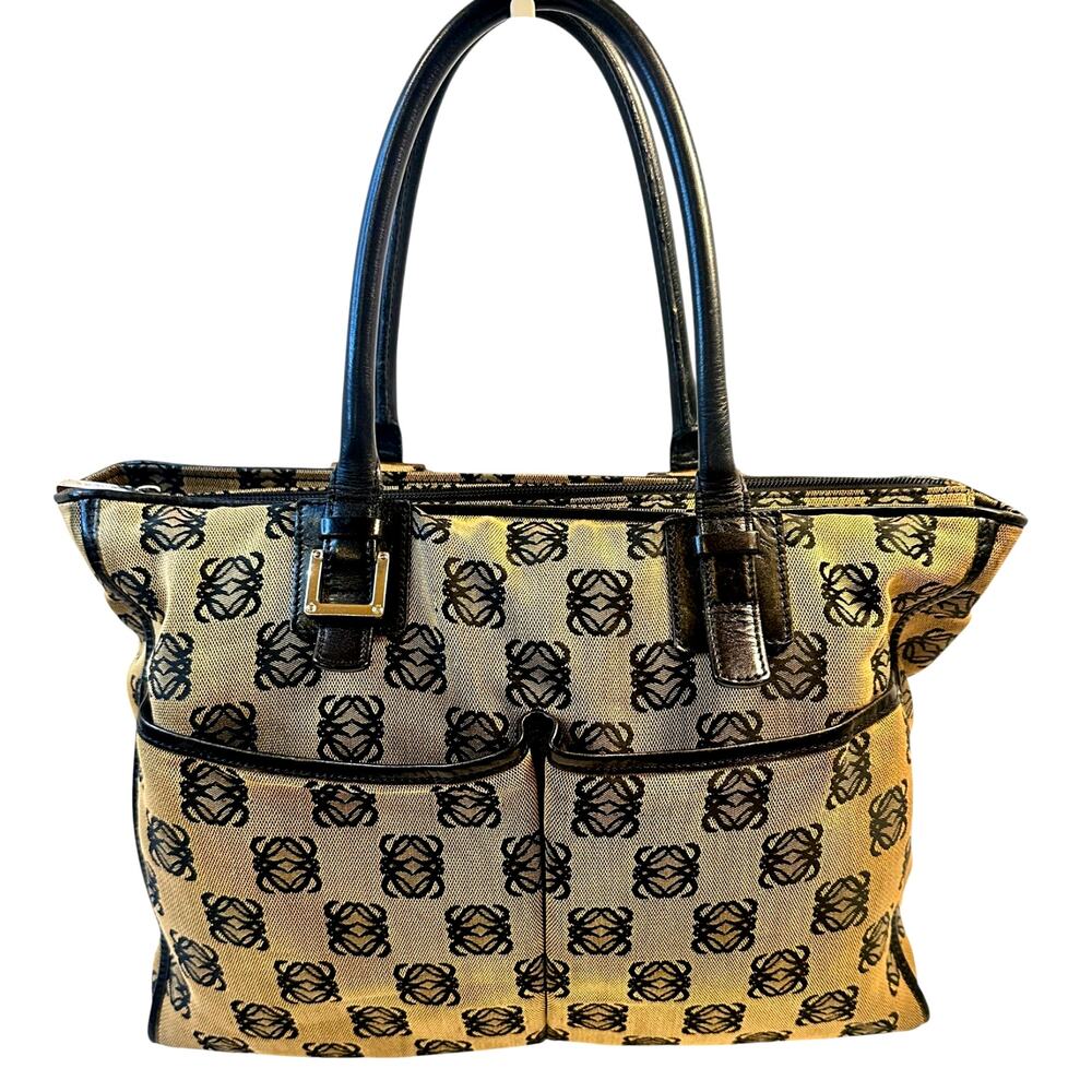 Loewe Vintage Anagram Canvas Shoulder Bag/Black Leather Trim ~ Silver Hardware